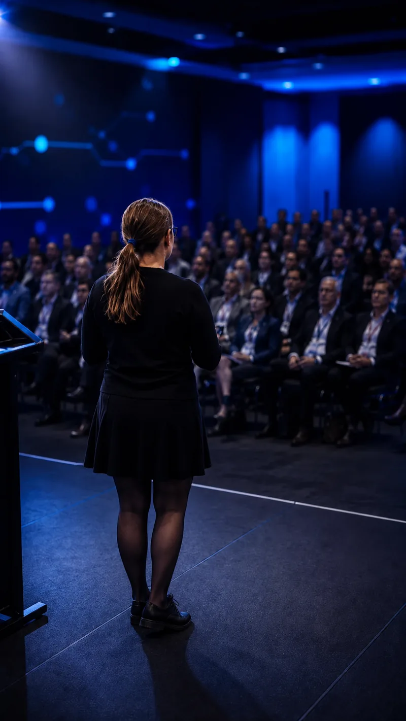 The founder of Allergy Arc on stage, seen from behind, speaking to an audience in a conference room.