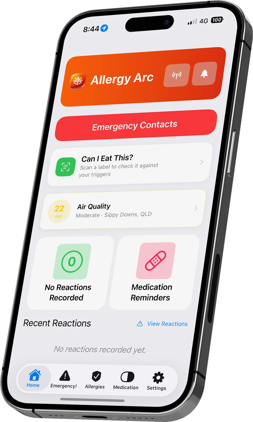 The Allergy Arc home screen: the child's profile, one-tap emergency contacts, reaction history and medication reminders.